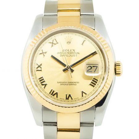 Rolex 116233 Datejust 18k Two Tone Champagne Roman Dial Fluted Bezel Watch