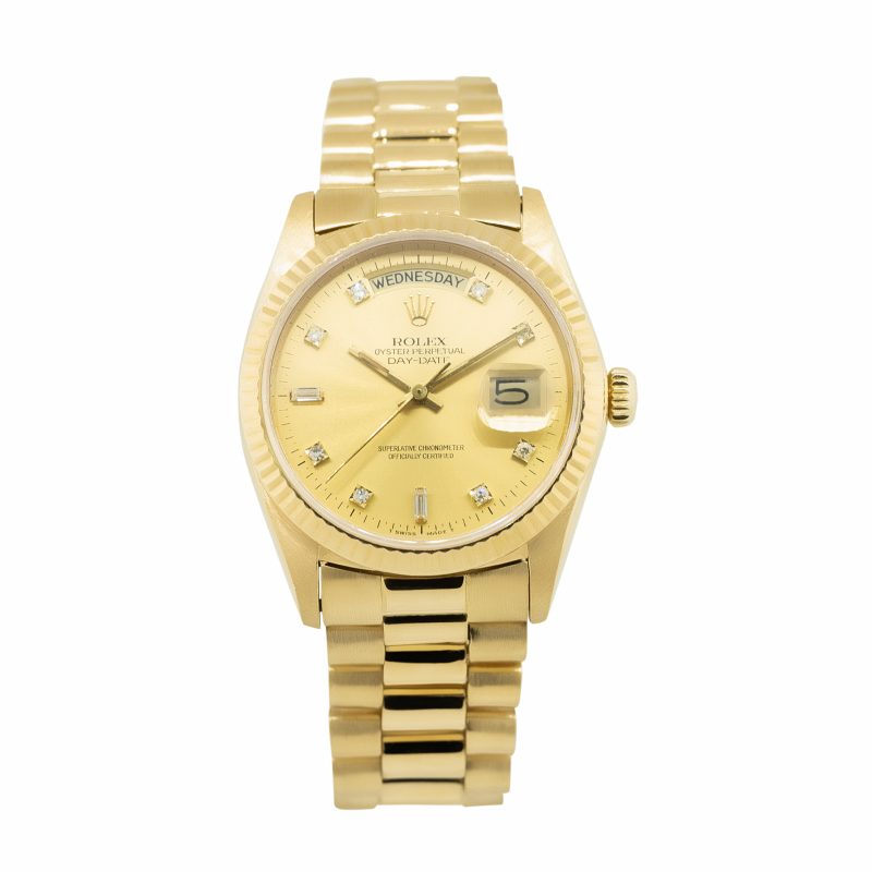 Rolex 18038 Day-Date Diamond Dial Fluted Bezel 18k Yellow Gold President Watch 