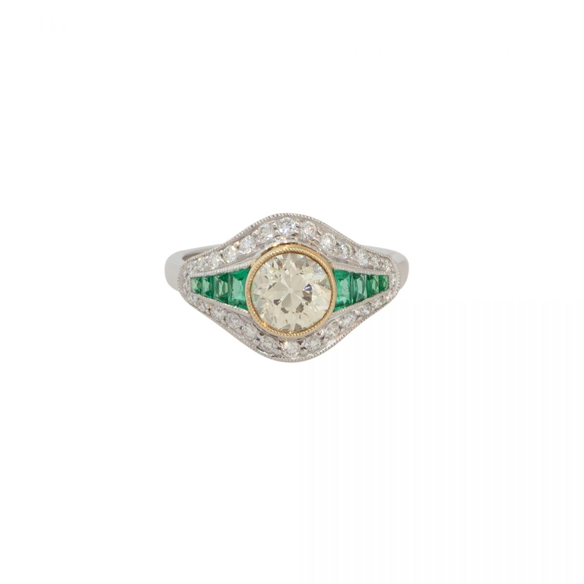 Platinum 1.46ctw Diamond and Emerald Art Deco Ring
