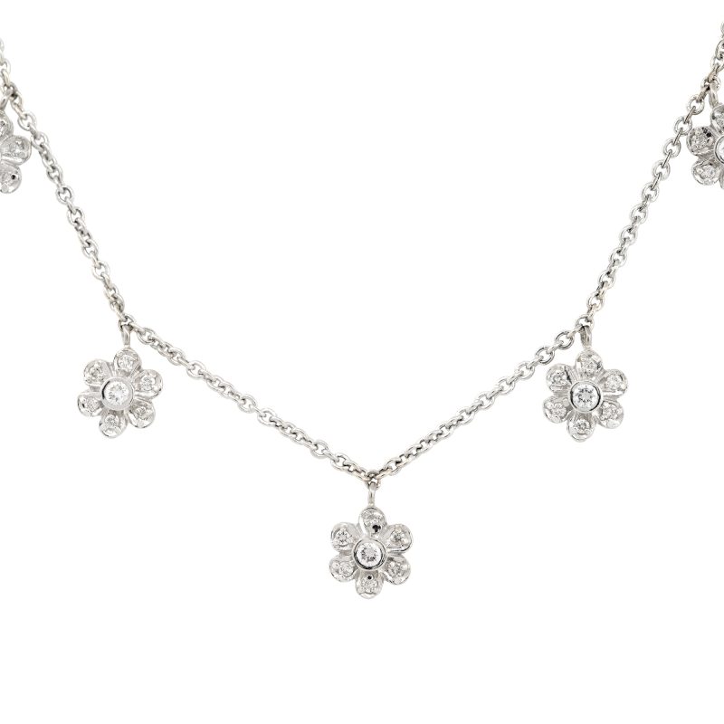 14k White Gold 0.40ctw Diamond Five Flower Necklace