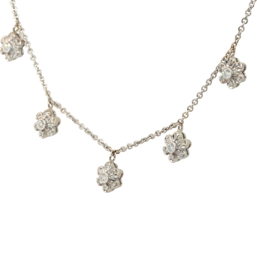 14k White Gold 0.40ctw Diamond Five Flower Necklace