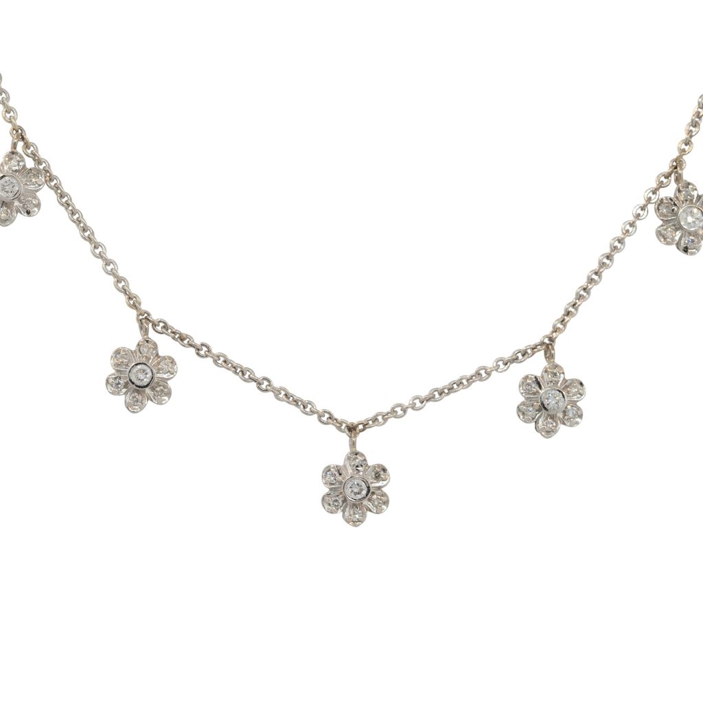 14k White Gold 0.40ctw Diamond Five Flower Necklace