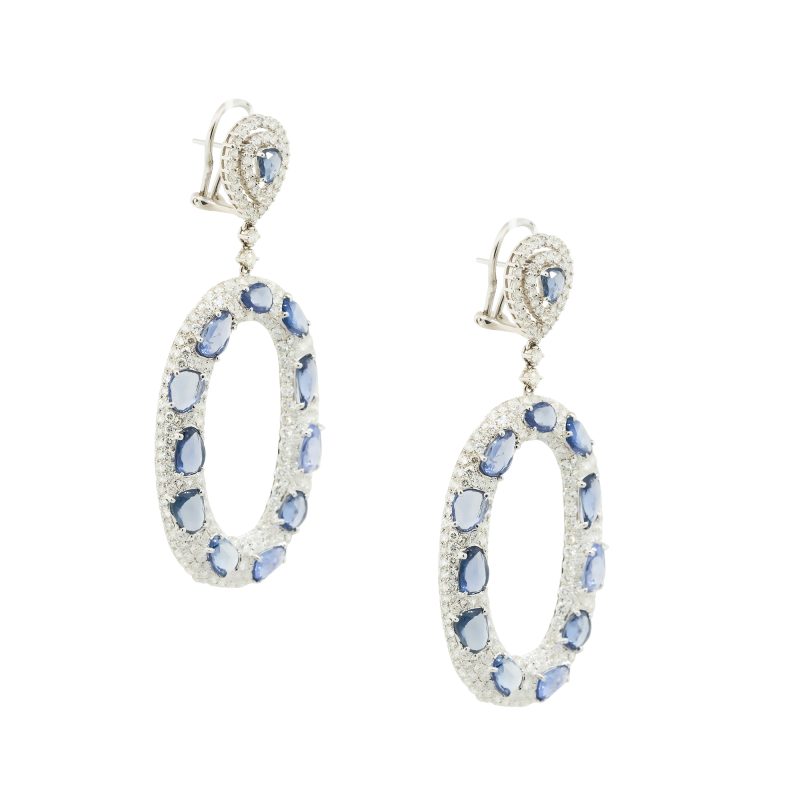 18k White Gold Diamond and Sapphire Large Mosaic Oval Drop Earrings