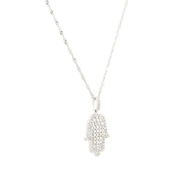 18k White Gold 0.90ctw Pave Diamond Hamsa Pendant on Singapore Chain