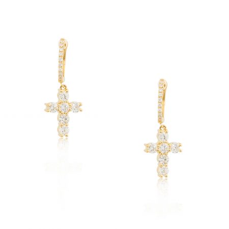 18k Yellow Gold 1.00ctw Mini Diamond Cross Dangle Earrings