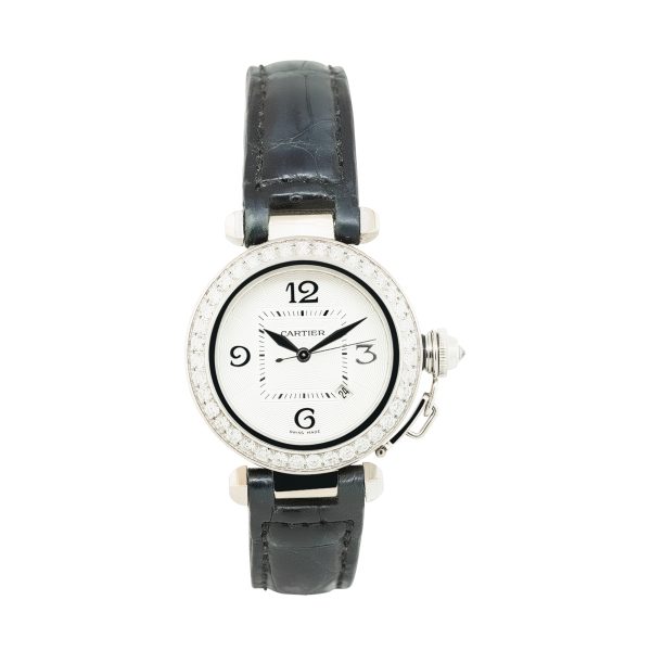 Cartier 2398 Pasha 18k White Gold Watch on Black Leather
