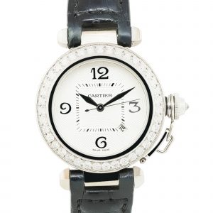 Cartier 2398 Pasha 18k White Gold Watch on Black Leather