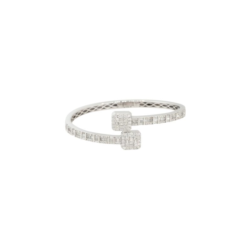 14k White Gold 2.40ctw Round and Baguette Shaped Diamond Cuff Bracelet