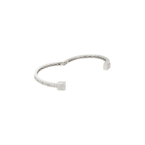14k White Gold 2.40ctw Round and Baguette Shaped Diamond Cuff Bracelet