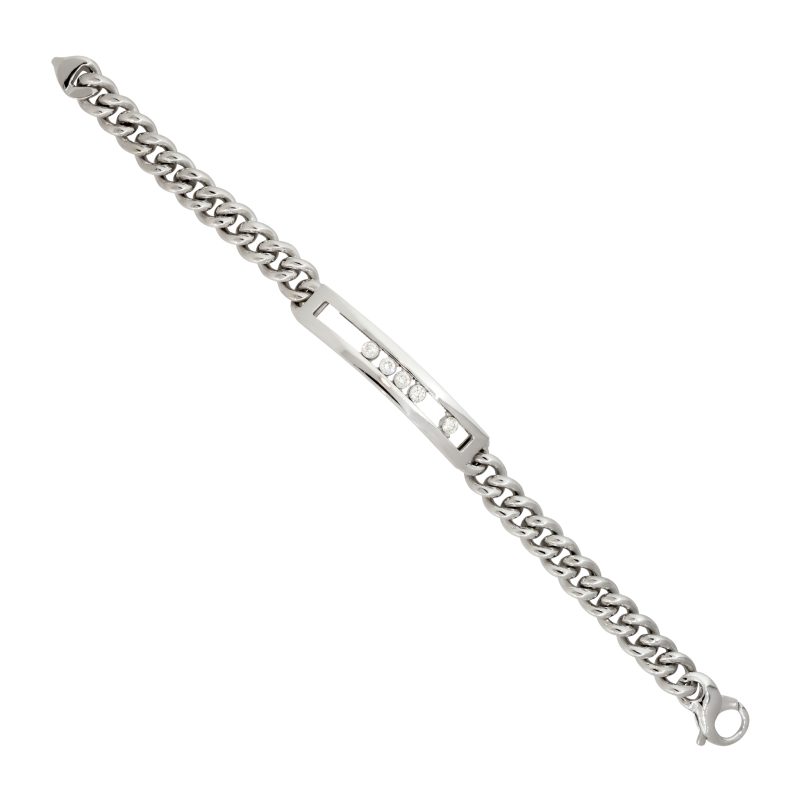 14k White Gold 0.55ctw Floating Diamond Bar Men's Curb Link Chain Bracelet