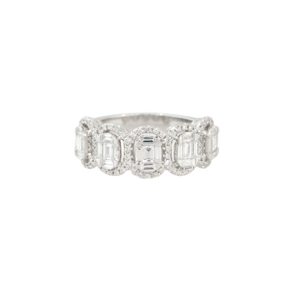 18k White Gold 1.1ctw 5 Mosaic Baguette Diamond Stations with Diamond Halo Ring