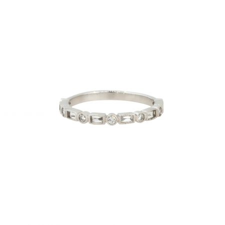 14k White Gold 0.27ctw Baguette and Round Diamond Station Stackable Ring
