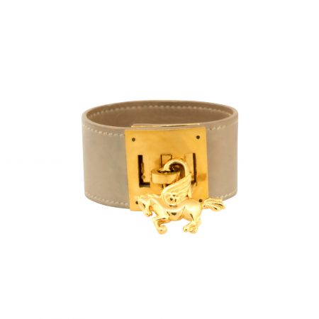 Hermes Kelly Gold Leather Bracelet with Pegasus Charm