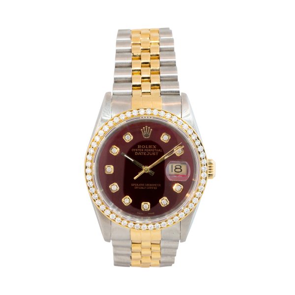 Rolex 16233 Datejust Red Diamond Dial Diamond Bezel 18k Yellow Gold and Steel Watch