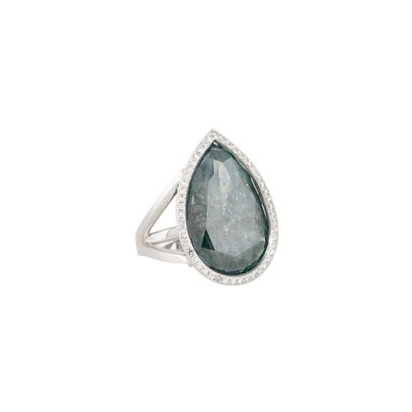 14k White Gold 25.91ctw Blue Green Pear Shaped Diamond Halo Ring