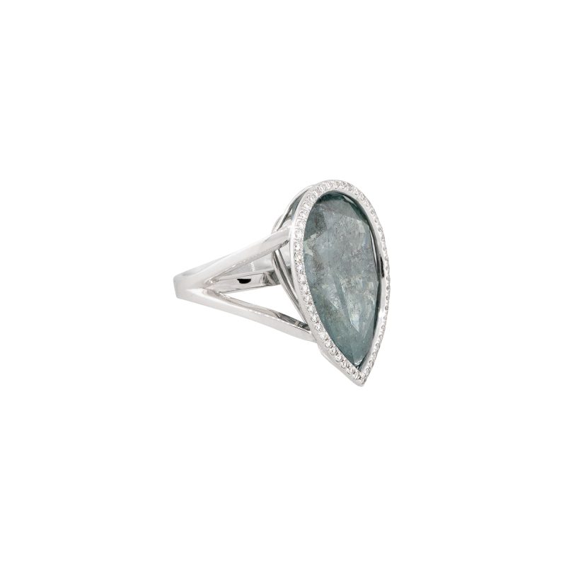 14k White Gold 25.91ctw Blue Green Pear Shaped Diamond Halo Ring