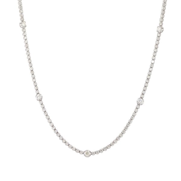 14k White Gold 11.25ctw Diamond Tennis  Necklace with Diamond Stations