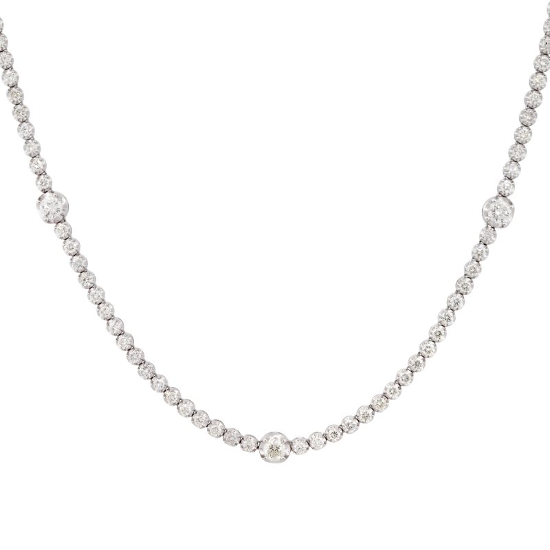 14k White Gold 11.25ctw Diamond Tennis  Necklace with Diamond Stations