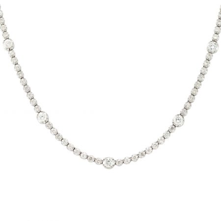 14k White Gold 9.66ctw Diamond Tennis Necklace with Diamond Stations