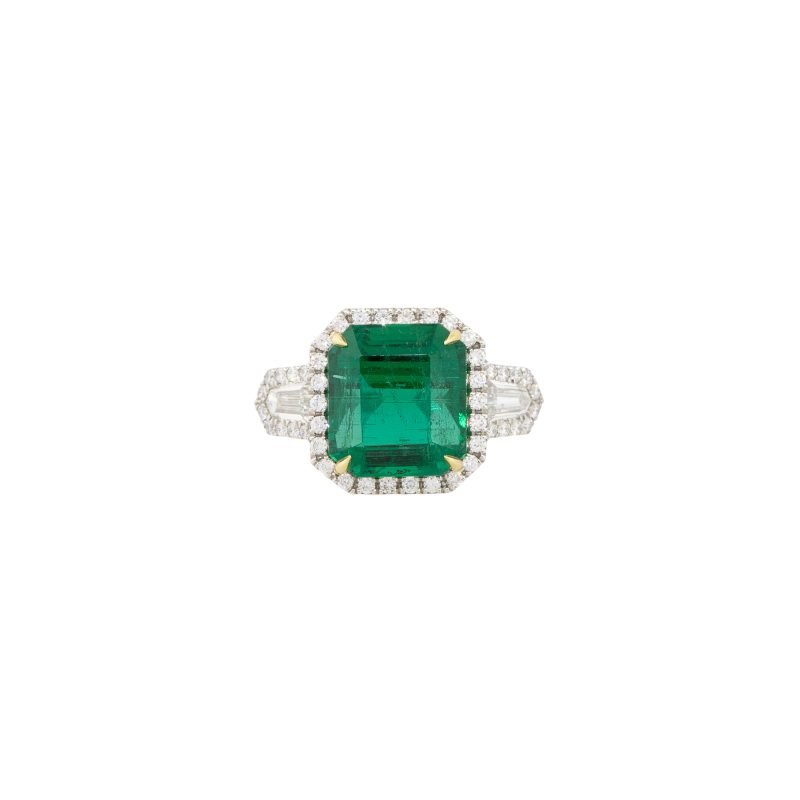 Platinum and 18k Yellow Gold 6.26ctw Emerald and Diamond Halo Ring