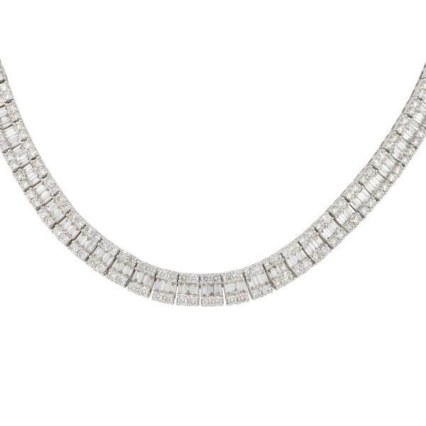 18k White Gold 16.64ctw Baguette and Round Brilliant Diamond 3 Row Tennis Necklace