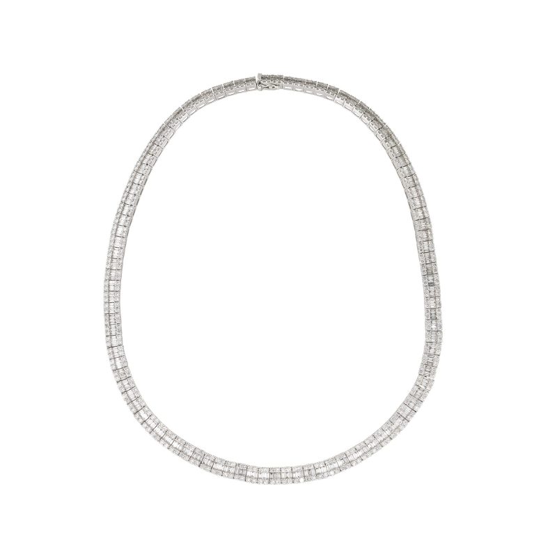 18k White Gold 16.64ctw Baguette and Round Brilliant Diamond 3 Row Tennis Necklace