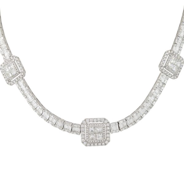18k White Gold 21.71ctw Baguette, Round Brilliant, and Princess Cut Diamond Station Necklace