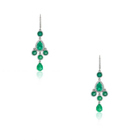 18k White Gold 7.56ctw Emerald and Diamond Halo Drop Earrings