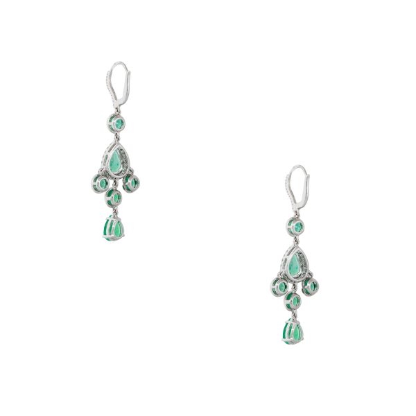 18k White Gold 7.56ctw Emerald and Diamond Halo Drop Earrings