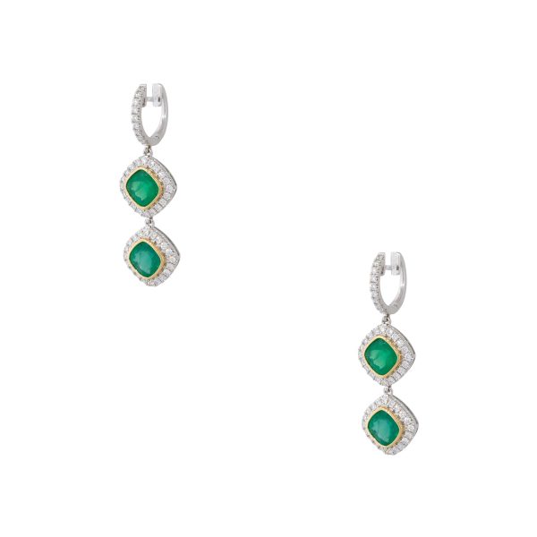 18k White and Yellow Gold 4.86ctw Emerald and Diamond Drop Earrings