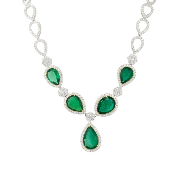 18k White Gold 19.39ctw Pear Shaped Emerald and Diamond Drop Necklace