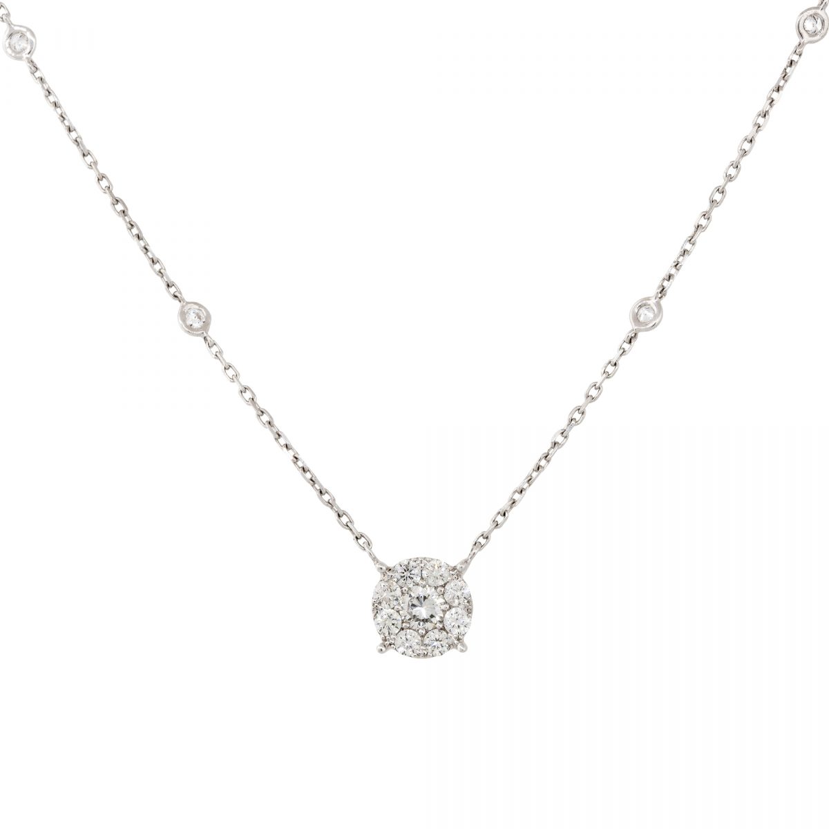 18k White Gold 1.0ctw Diamond Cluster Diamond Station Necklace