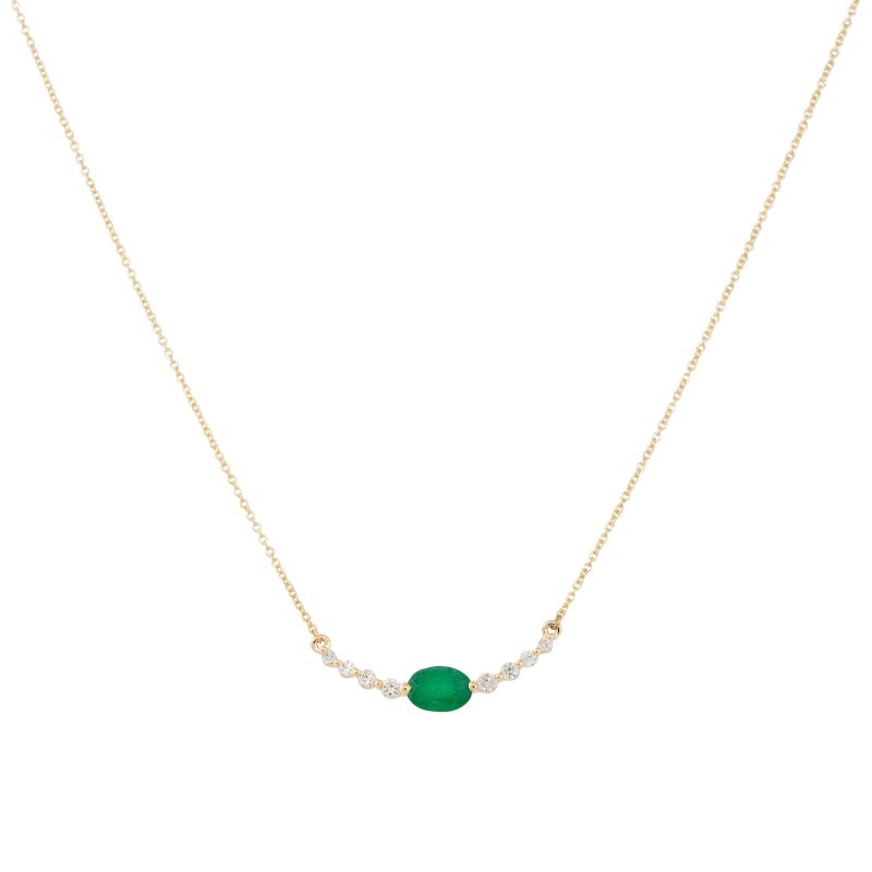 14k Yellow Gold 0.85ctw Oval Emerald and Diamond Curved Bar Necklace