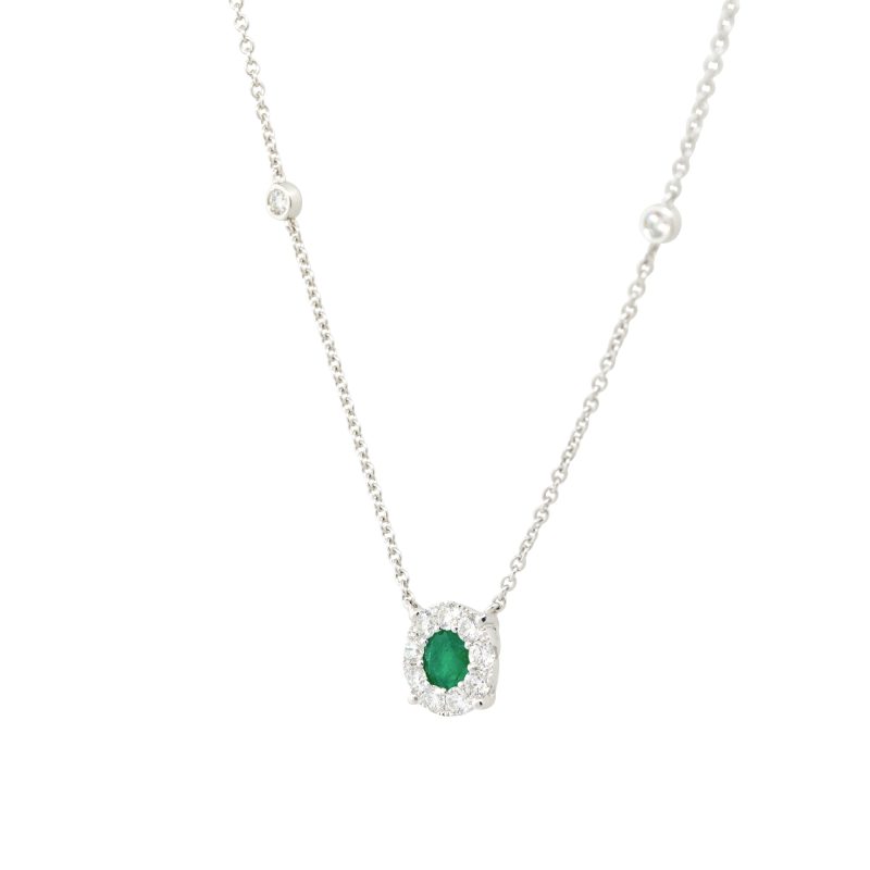 14k White Gold 0.38ctw Emerald and Diamond Halo Necklace
