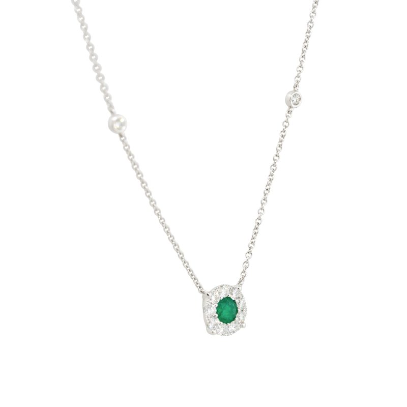 14k White Gold 0.38ctw Emerald and Diamond Halo Necklace