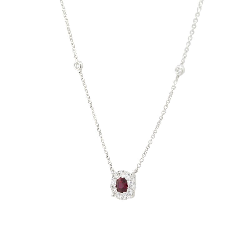 14k White Gold 0.39tw Ruby and Diamond Halo Necklace