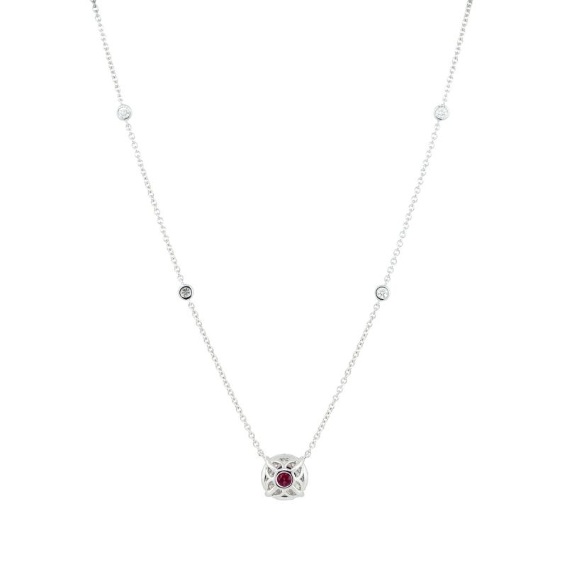 14k White Gold 0.39tw Ruby and Diamond Halo Necklace