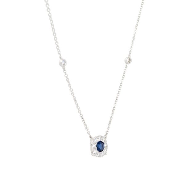 14k White Gold 0.58ctw Sapphire and Diamond Halo Necklace