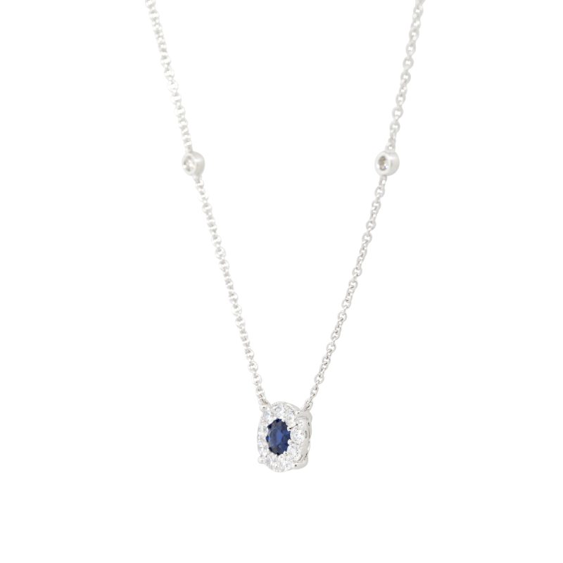 14k White Gold 0.58ctw Sapphire and Diamond Halo Necklace