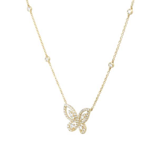 14k Yellow Gold 0.65ctw Diamond Butterfly Necklace with 4 Diamond Stations