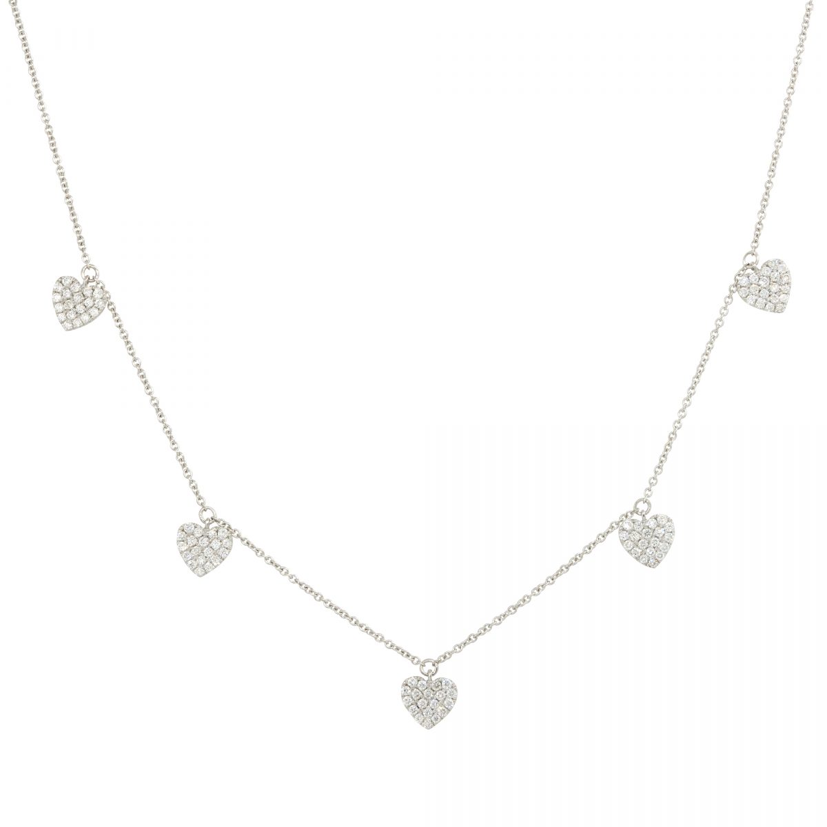 14k White Gold 0.47ctw 5 Diamond Heart Station Necklace