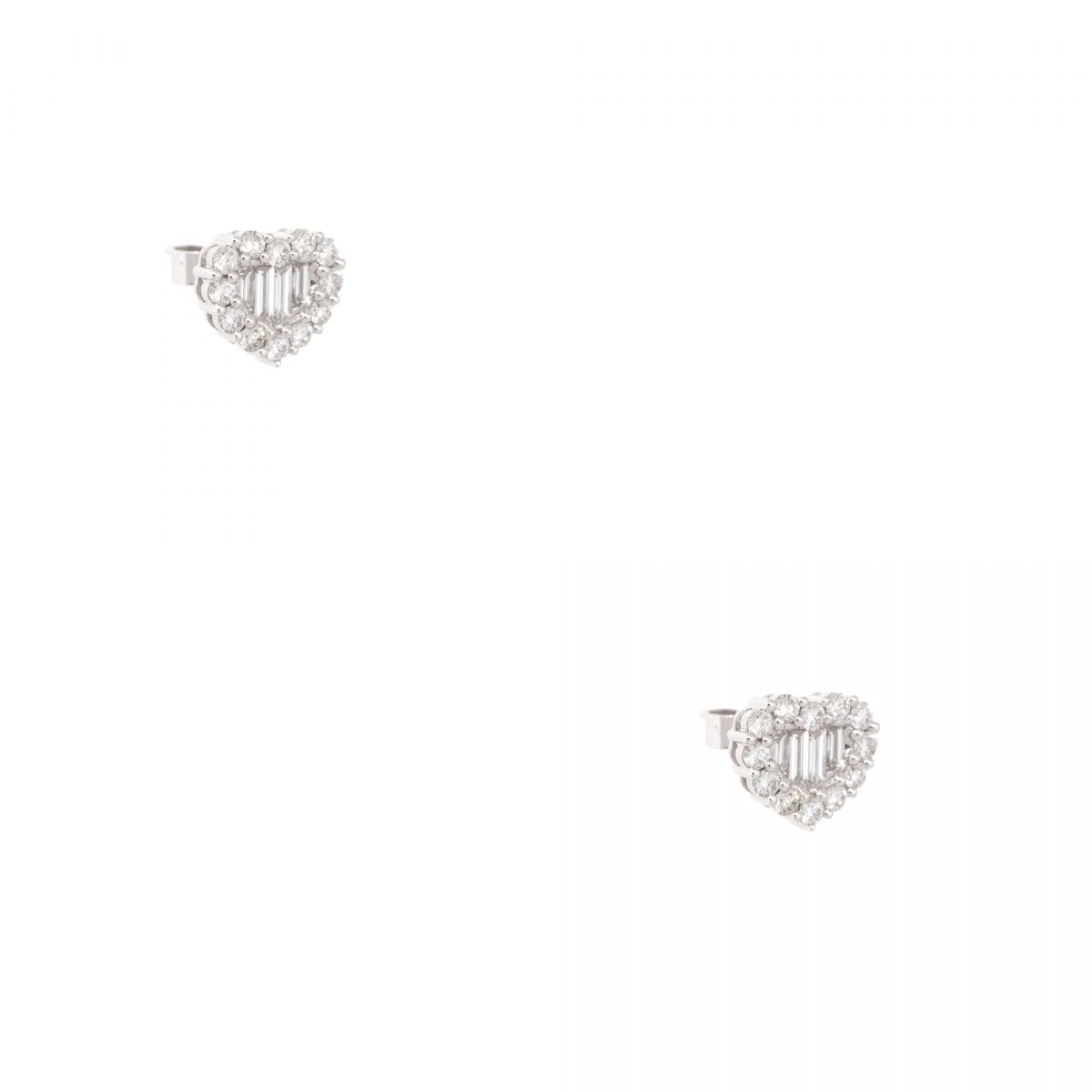 18k White Gold 1.0ctw Round Brilliant and Baguette Diamond Heart Stud Earrings