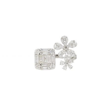 18k White Gold 1.85ctw Diamond Flowers and Diamond Mosaic Square Open Shank Ring