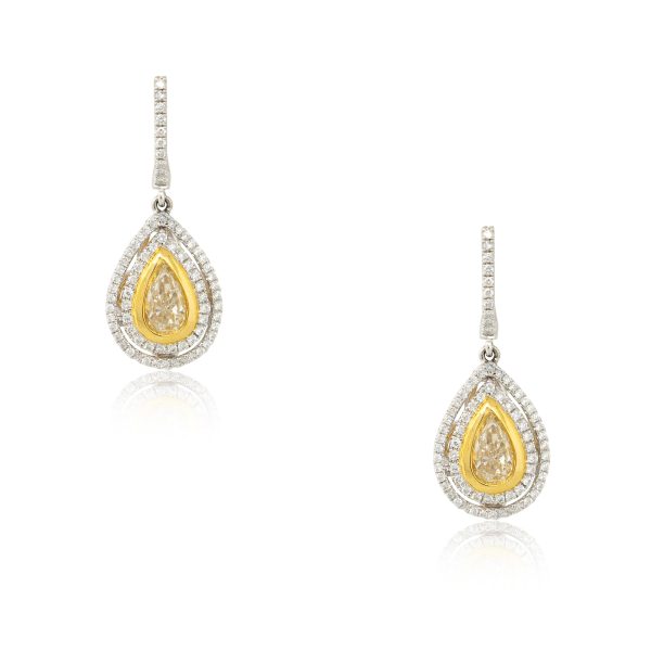 18k White and Yellow Gold 3.43ctw Pear Shaped Yellow Diamond Drop Earrings