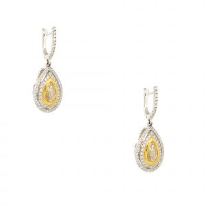 18k White and Yellow Gold 3.43ctw Pear Shaped Yellow Diamond Drop Earrings