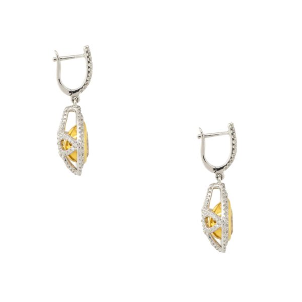 18k White and Yellow Gold 3.43ctw Pear Shaped Yellow Diamond Drop Earrings