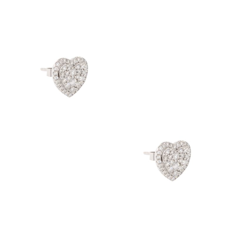 18k White Gold 0.97ctw Diamond Halo Pave Heart Stud Earrings