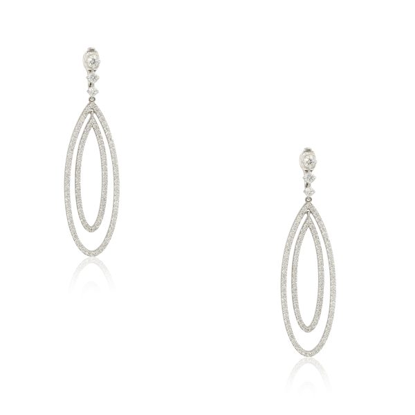 14k White Gold 3.67ctw Oval Diamond Drop Double Row Earrings