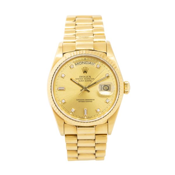 Rolex 18038 Day-Date 18k Yellow Gold Diamond Dial Fluted Bezel President Watch