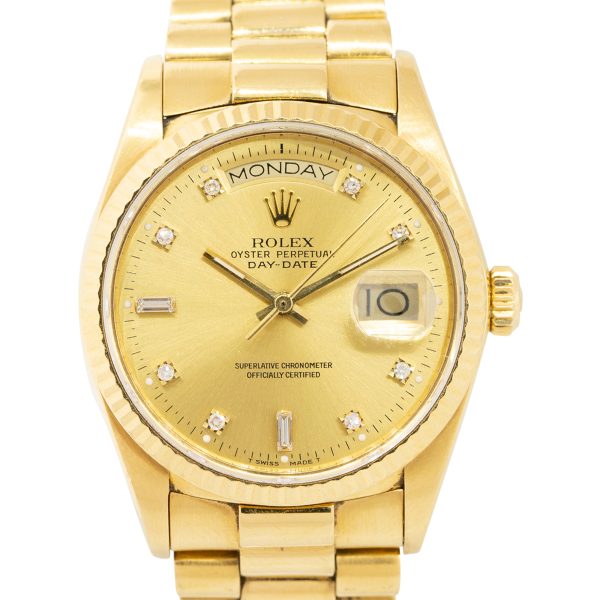Rolex 18038 Day-Date 18k Yellow Gold Diamond Dial Fluted Bezel President Watch